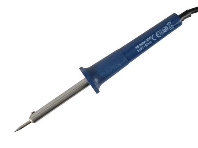 Soldering iron with blue handle on a white background
