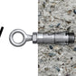 Metal eye bolt on a white background with a textured gray surface below.