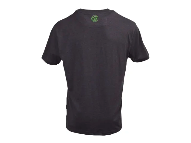 Black t-shirt with a logo on the back against a white background