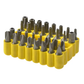 Set of drill bits in a yellow holder on a white background