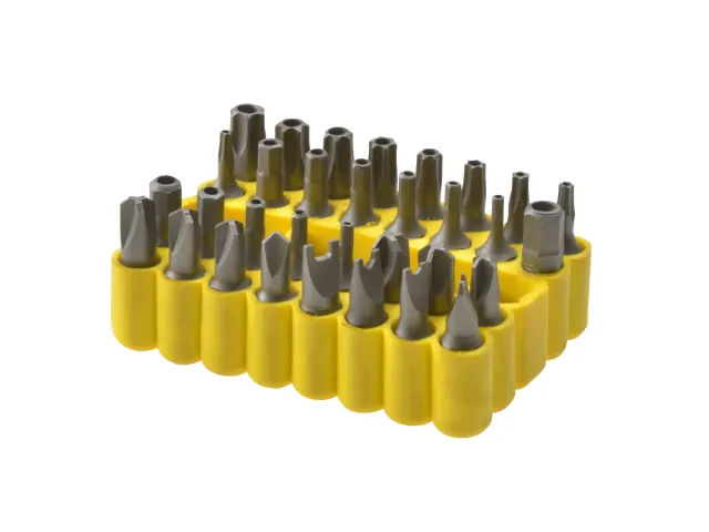 Set of drill bits in a yellow holder on a white background