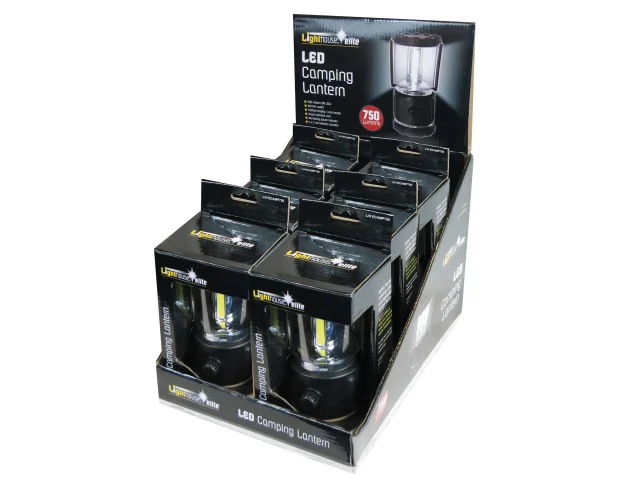 Display of LED camping lanterns in black packaging on a white background