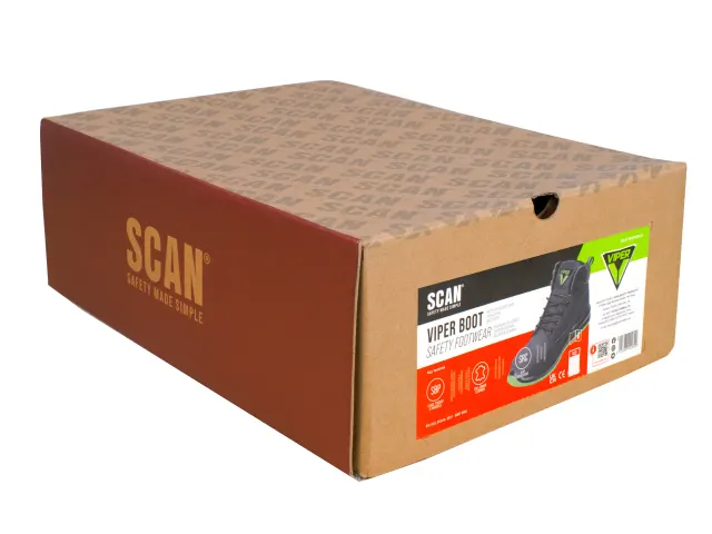 Cardboard box with Scan branding and a product image of a boot on a white background