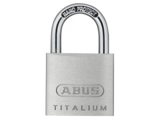 Silver ABUS Titalium padlock on a white background