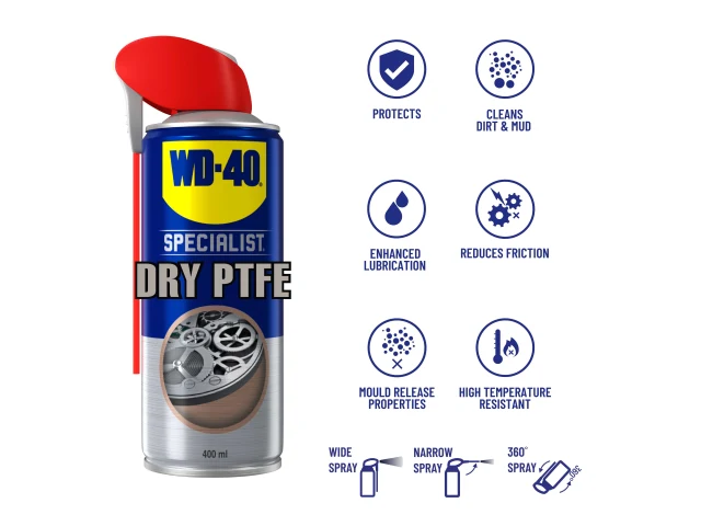 WD-40 Specialist Dry PTFE spray can with features listed on a white background