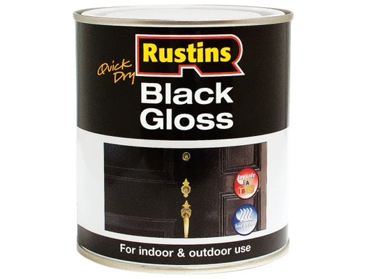 Rustins Black Gloss paint can on a white background