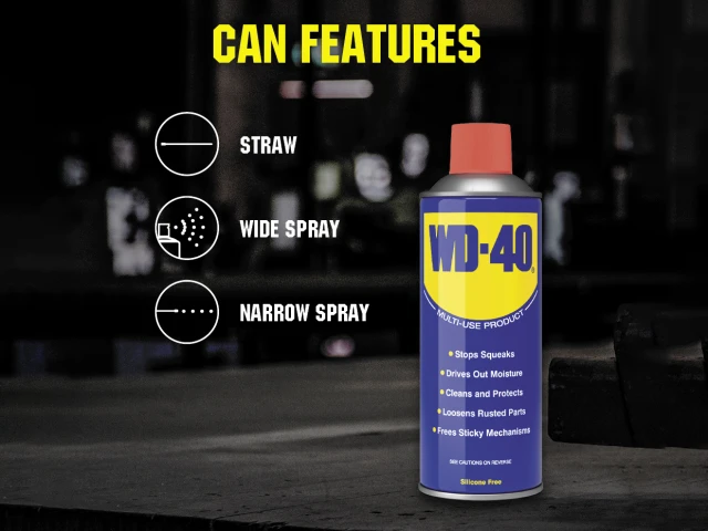 WD-40 spray can with features highlighted on a dark background