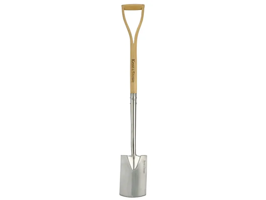 Gardening spade with wooden handle on a white background