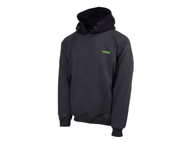 Black hoodie with a logo on the chest against a white background