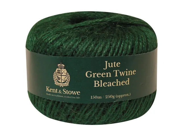 Green jute twine roll with label on a white background