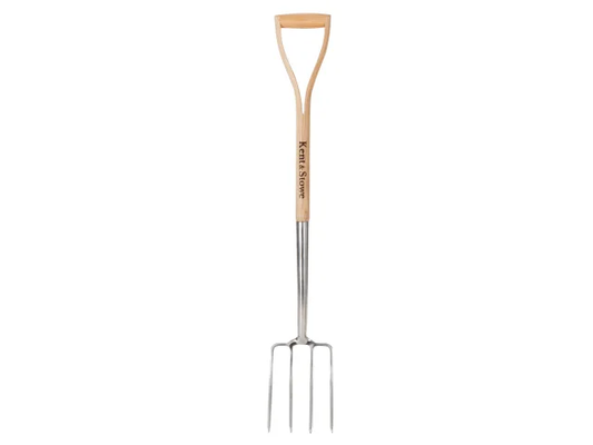 Garden fork with wooden handle on a white background