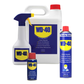 Collection of WD-40 products including a large bottle, spray bottle, and two smaller cans on a white background.