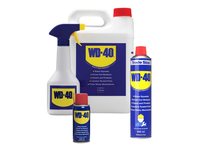 Collection of WD-40 products including a large bottle, spray bottle, and two smaller cans on a white background.