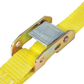Yellow ratchet strap with metal buckle on a white background