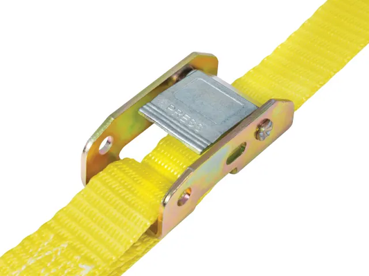 Yellow ratchet strap with metal buckle on a white background