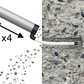 Concrete mixing tool with gravel and a close-up of concrete texture.