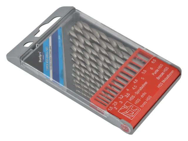 Set of drill bits in a metal case with visible branding on a white background