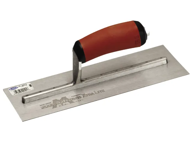 Metal trowel with a red handle on a white background