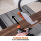 Table saw with a sliding table and anti-vibration device in use