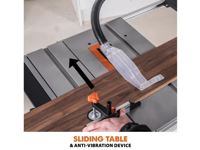 Table saw with a sliding table and anti-vibration device in use