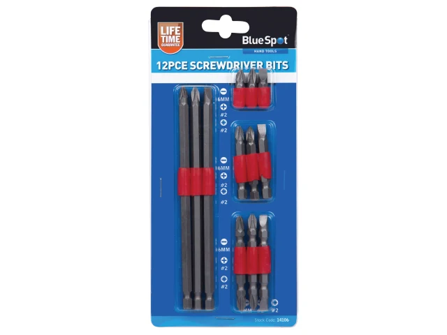 Pack of 12 screwdriver bits with BlueSpot branding on a white background