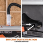Woodworking tool with dust extraction system and hose, on a wooden background.