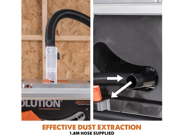 Woodworking tool with dust extraction system and hose, on a wooden background.