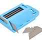 Blue plastic blade sharpener with two metal blades on a white background