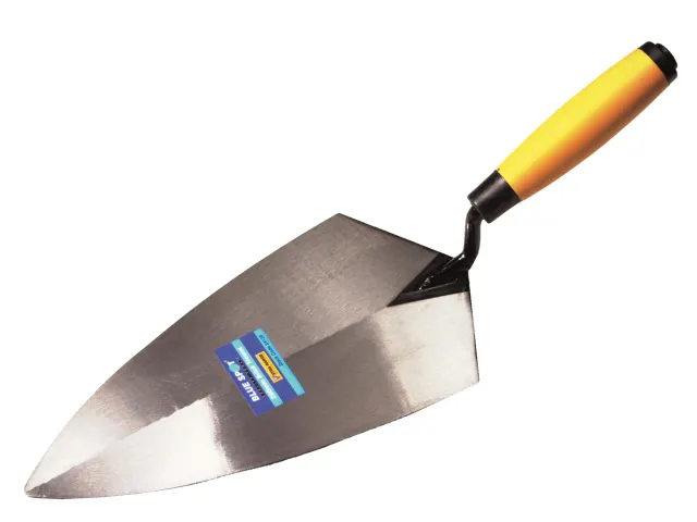 Metal trowel with a yellow handle on a white background