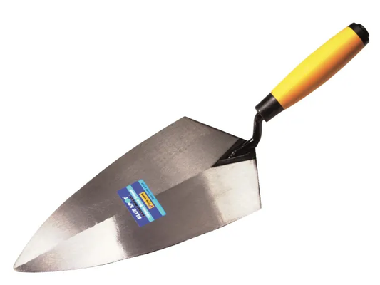 Metal trowel with a yellow handle on a white background