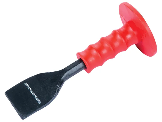 Black chisel with a red handle on a white background