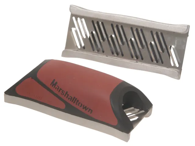 Marshalltown tool with red and black handle and metal blade on a white background