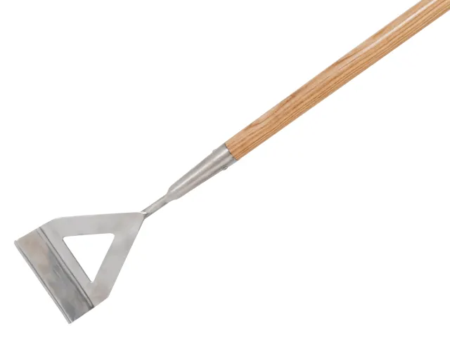 Gardening tool with wooden handle and metal head on a white background