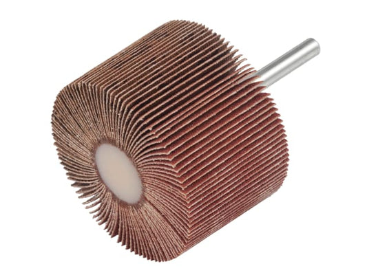Flap wheel with a metal shaft on a white background