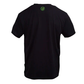 Black t-shirt with a logo on the back against a white background