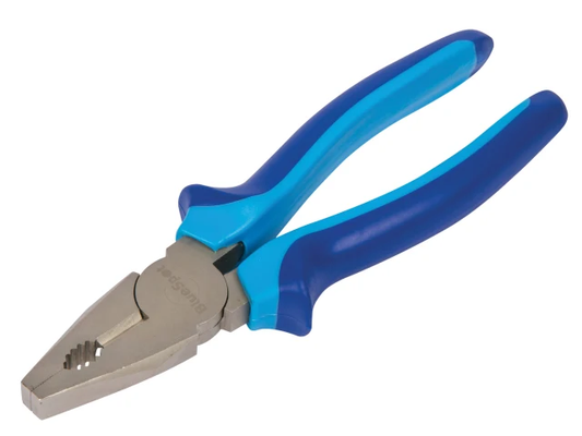 Pair of pliers with blue handles on a white background