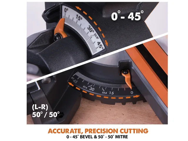 Circular saw with bevel and mitre adjustment scale on a white background