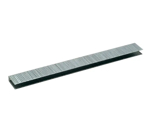 Long strip of metal staples on a white background