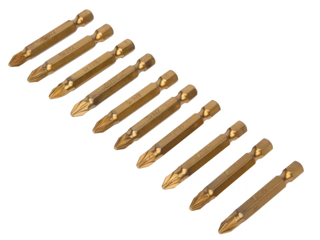 Set of gold drill bits on a white background