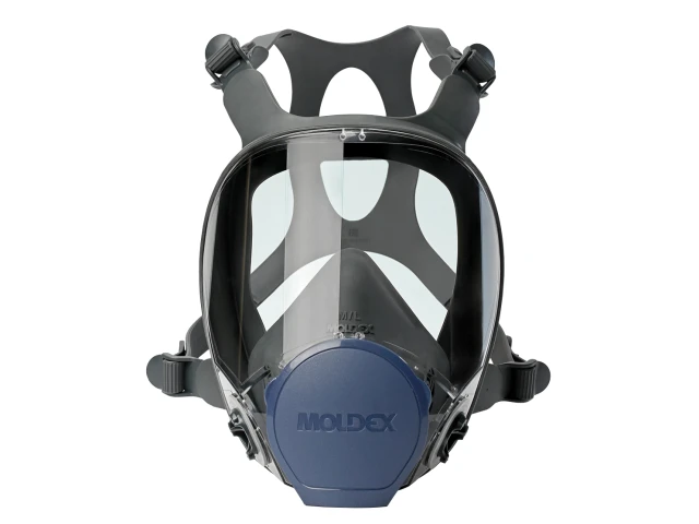 Full-face snorkeling mask with blue base and black straps on a white background