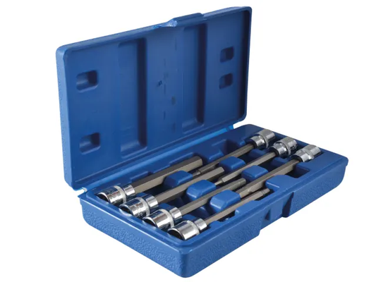 Set of socket wrenches in a blue case on a white background