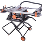 Table saw with wheels on a white background