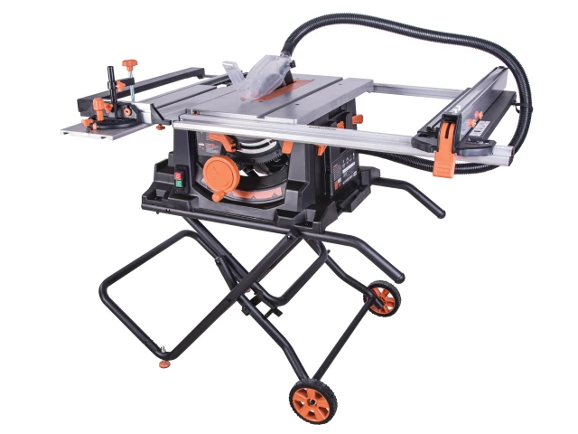Table saw with wheels on a white background