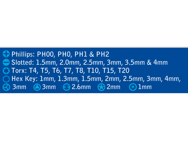 List of screwdriver bit sizes on a blue background