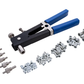 Punch tool with blue handles and multiple metal components on a white background