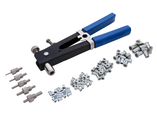 Punch tool with blue handles and multiple metal components on a white background