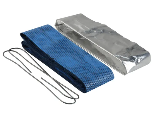 Blue mesh blanket with silverMylar sheet and metal hook on a white background