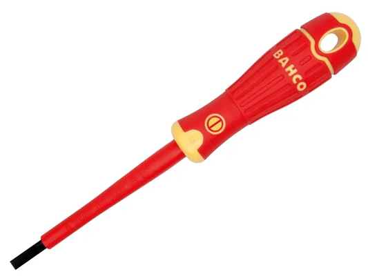 Red screwdriver with a yellow handle on a white background