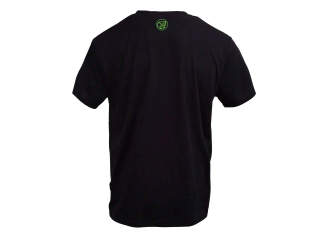 Black t-shirt with a logo on the back against a white background