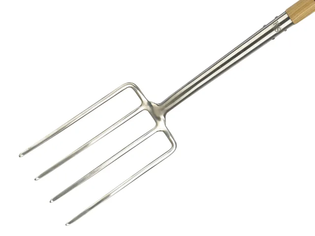 Metal garden fork with wooden handle on a white background